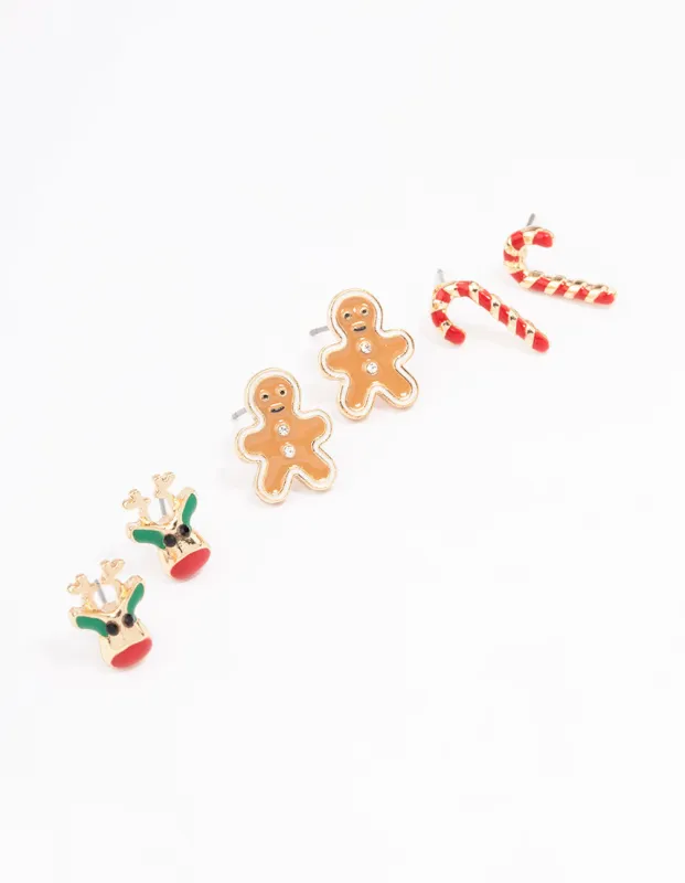 Gold Reindeer & Gingerbread Man Earrings 3-Pack sold by lovisa