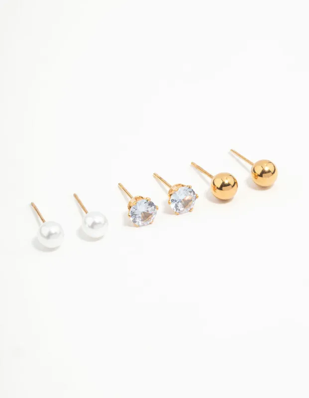 Waterproof Gold Plated Stainless Steel Mixed Stud Earrings 3-Pack sold by lovisa