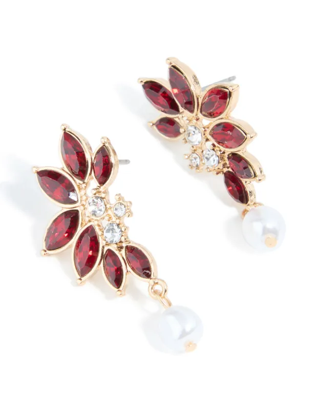 Gold Red Diamante Pearl Marquise Stud Earrings sold by lovisa