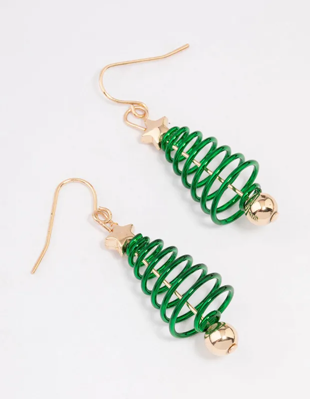 Gold Green Spiral Festive Tree Drop Earrings sold by lovisa