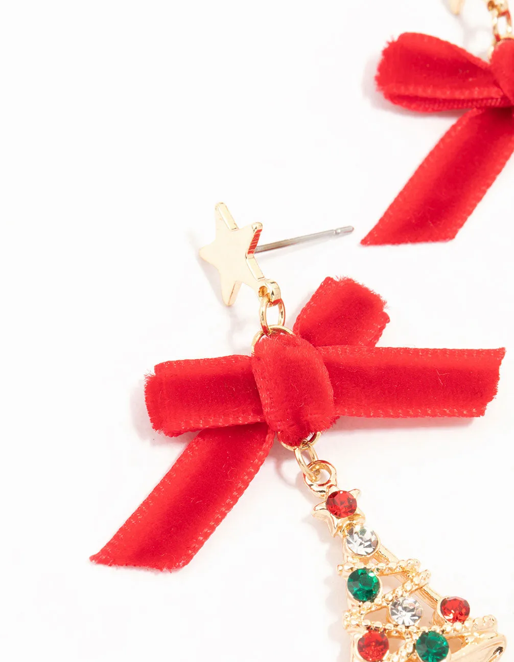 Gold Red Velvet Bow & Diamante Bauble Festive Tree Earrings sold by lovisa product image thumbnail 2
