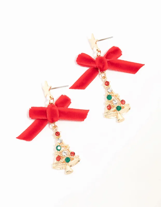 Gold Red Velvet Bow & Diamante Bauble Festive Tree Earrings sold by lovisa