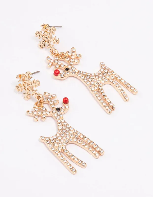 Gold Diamante Red Nosed Reindeer Drop Earrings sold by lovisa