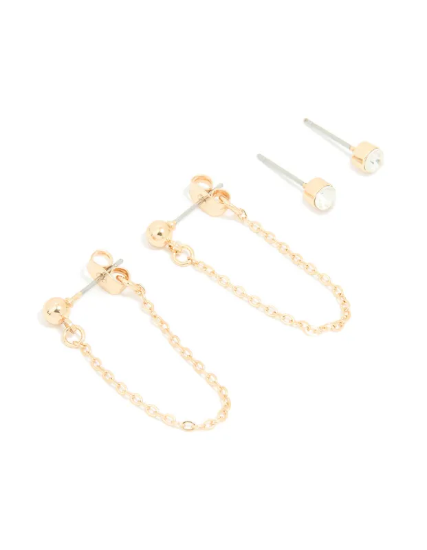 Gold Diamante Chain Drop & Stud Earrings 2-Pack sold by lovisa