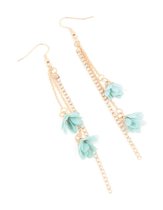 Gold Diamante Cup Chain Blue Mesh Flower Drop Earrings sold by lovisa