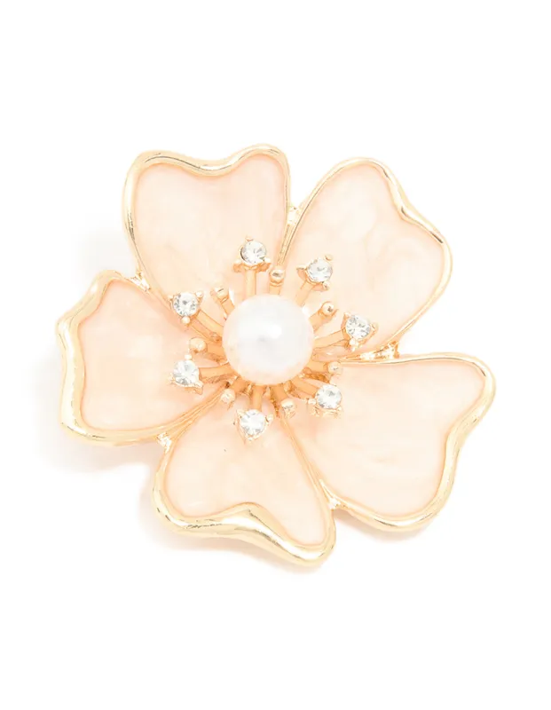 Gold Pink Cream Pearl Flower Brooch sold by lovisa