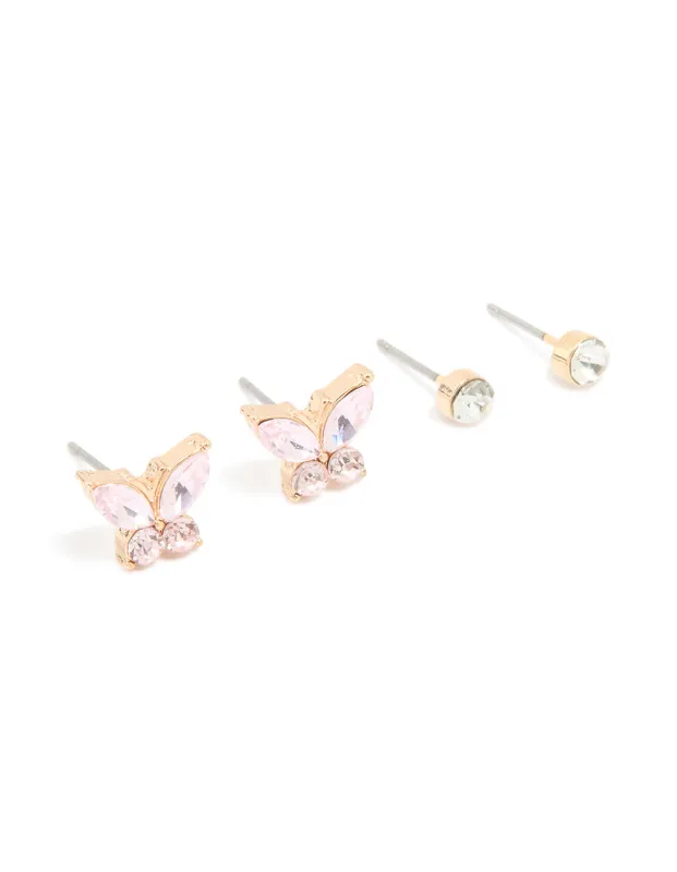 Gold Pink Diamante Butterfly & Classic Stud Earrings 2-Pack sold by lovisa