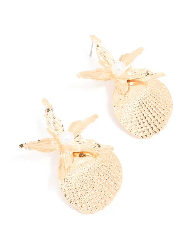 Gold Starfish & Shell Drop Earrings sold by lovisa