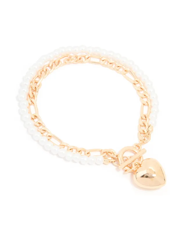 Gold Pearl & Heart Layered Toggle Bracelet sold by lovisa