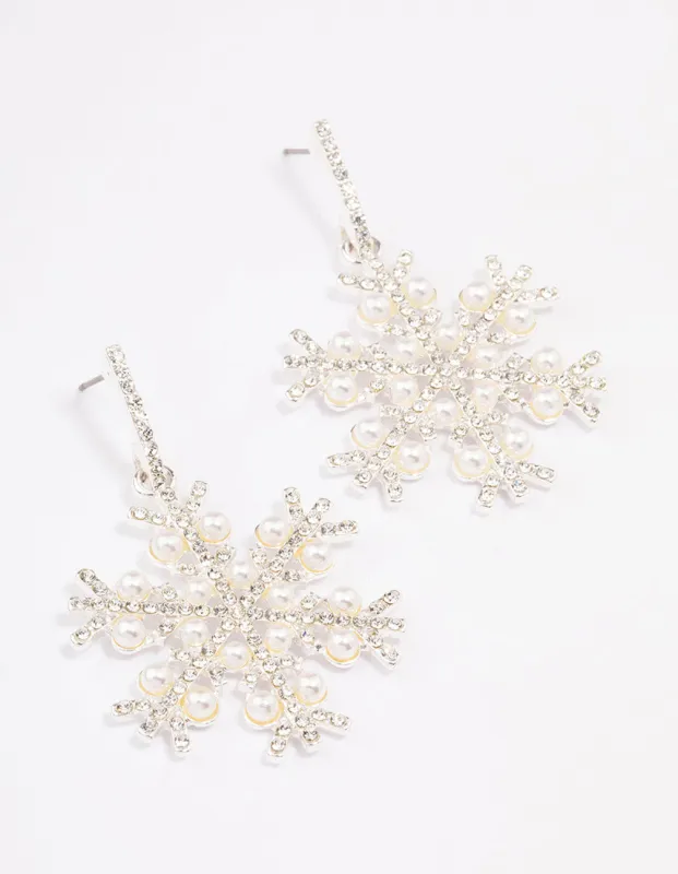 Silver Pearl Diamante Snowflake Earrings sold by lovisa