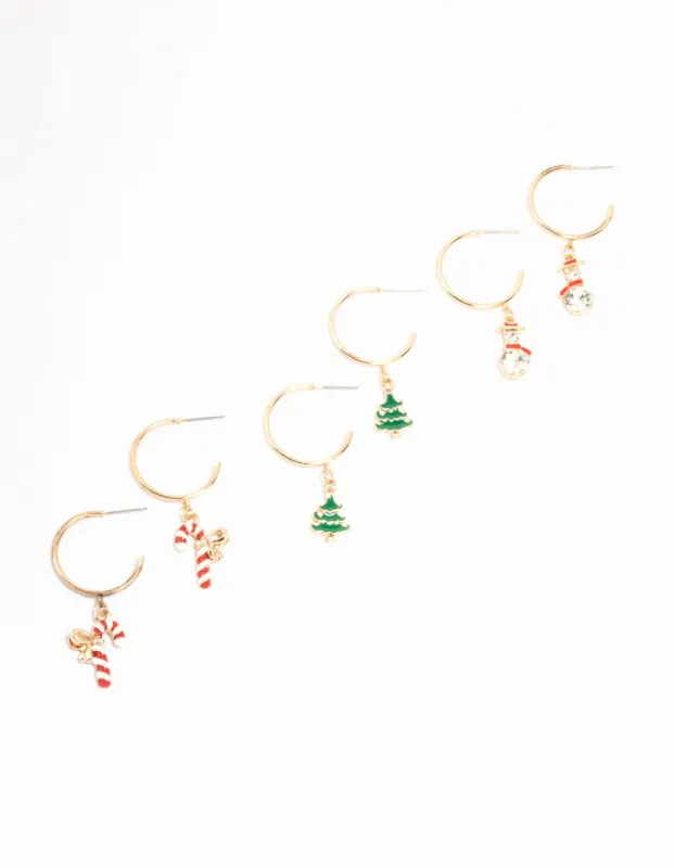 Gold Diamante Snow men & Candy Cane Hoop Charm Earrings 3-Pack sold by lovisa