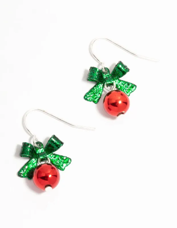 Silver Green Bow & Red Bell Drop Earrings sold by lovisa