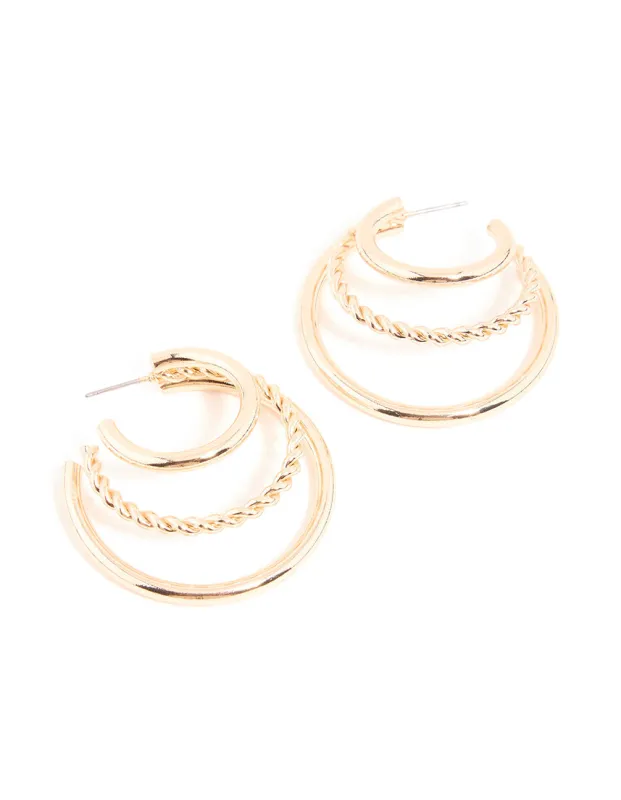 Gold Triple Prong Twist Hoop Earrings sold by lovisa