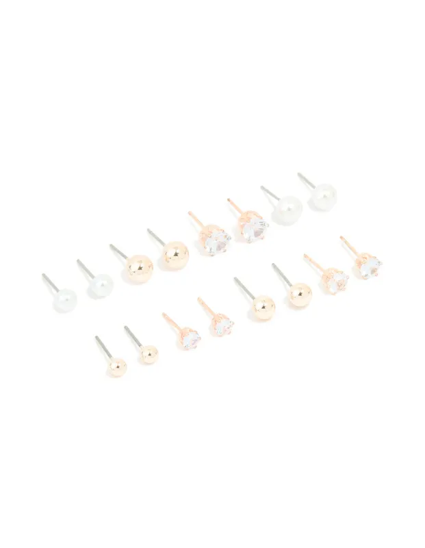 Rose Gold & Pearl Mixed Basic Stud Earrings 8-Pack sold by lovisa