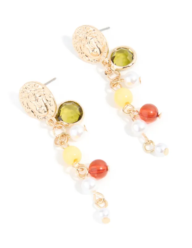 Gold Multicoloured Beaded & Molten Disc Drop Earrings sold by lovisa
