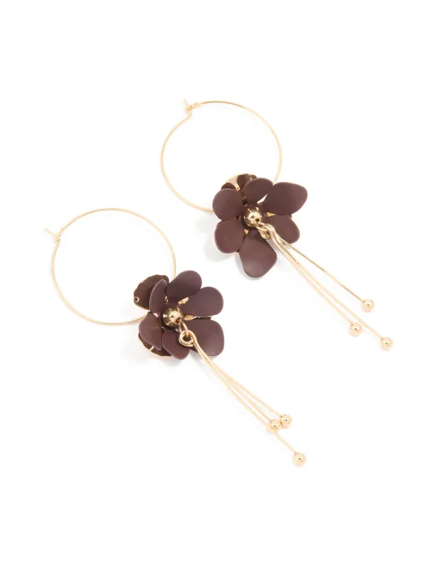 Gold Upside Down Brown Flower Chain Drop Earrings sold by lovisa