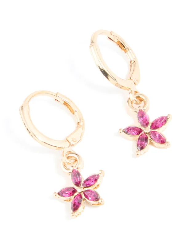 Gold Red Diamante Flower Huggie Earrings sold by lovisa