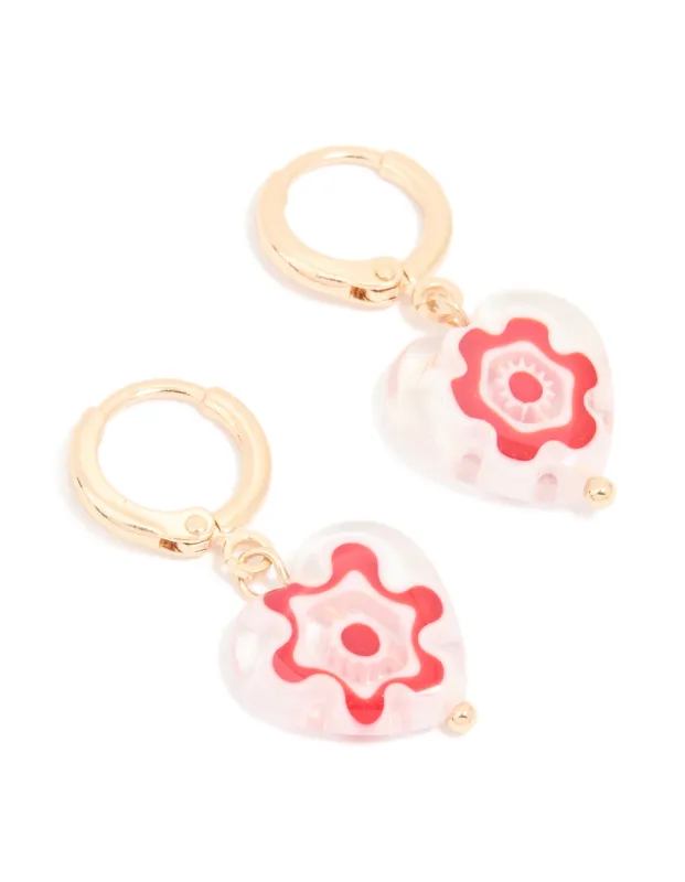 Gold Pink & White Painted Heart Huggie Earrings sold by lovisa