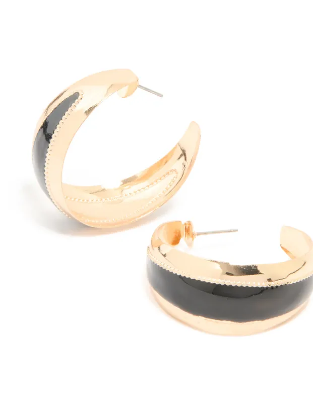 Gold Textured Black Tapered Centre Hoop Earrings made by lovisa