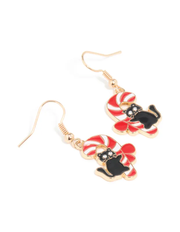 Gold Candy Cane Cat Drop Earrings sold by lovisa