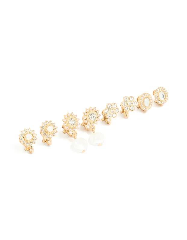 Gold Diamante Pearl Floral Clip On Earrings 4-Pack sold by lovisa