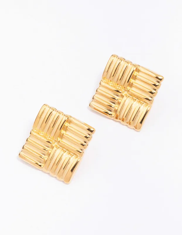 Waterproof Gold Plated Stainless Steel Square Ribbed Stud Earrings sold by lovisa