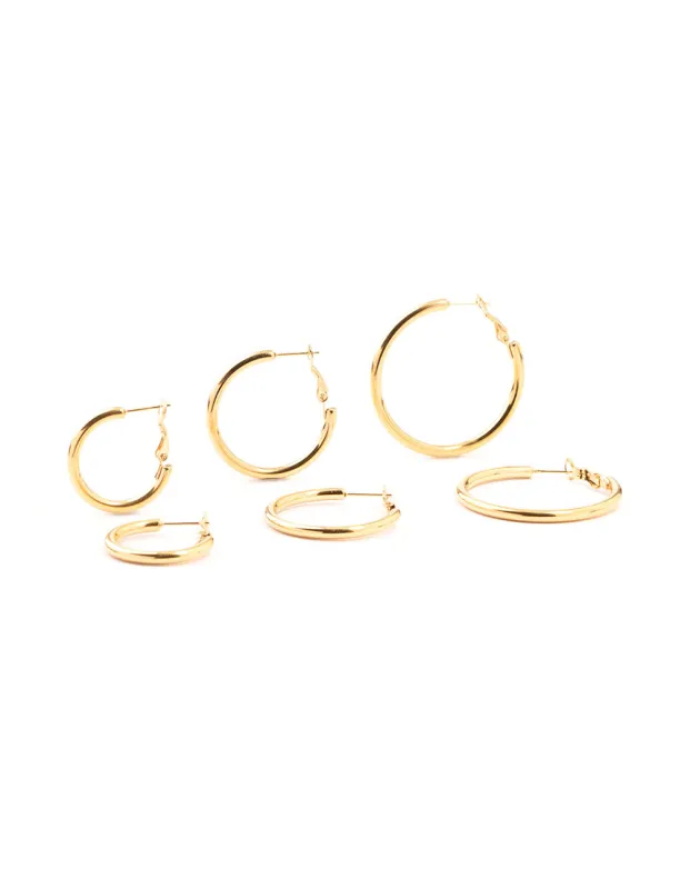 Waterproof Gold Plated Stainless Steel Large Basic Hoop Earrings 3-Pack sold by lovisa
