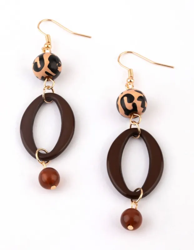 Gold & Brown Printed Bead Earrings sold by lovisa