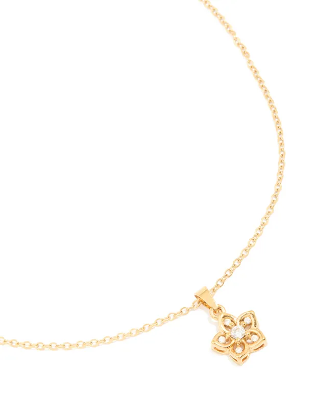 Waterproof Gold Plated Stainless Steel Cubic Zirconia Flower Outline Pendant Necklace sold by lovisa