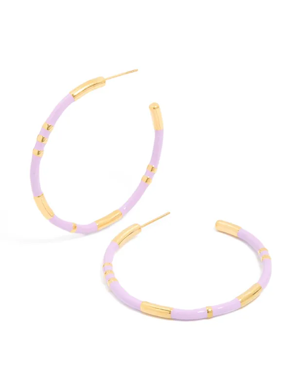 Waterproof Gold Plated Stainless Steel Lilac Enamel Hoop Earrings sold by lovisa