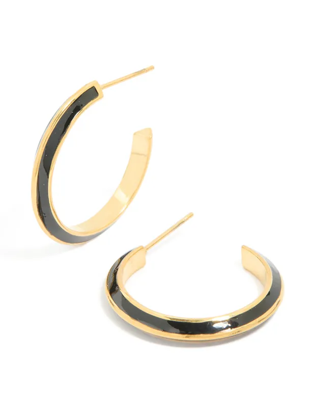 Waterproof Gold Plated Stainless Steel Black Enamel Stripe Hoop Earrings sold by lovisa