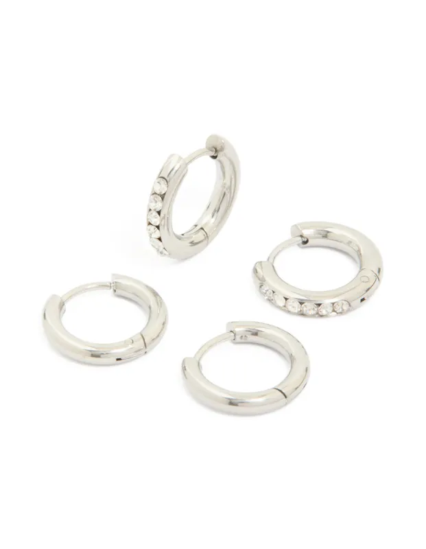 Waterproof Stainless Steel Cubic Zirconia & Smooth Chunky Huggie Earrings 2-Pack sold by lovisa