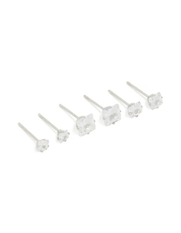 Waterproof Stainless Steel Cubic Zirconia Square Stud Earrings 3-Pack sold by lovisa