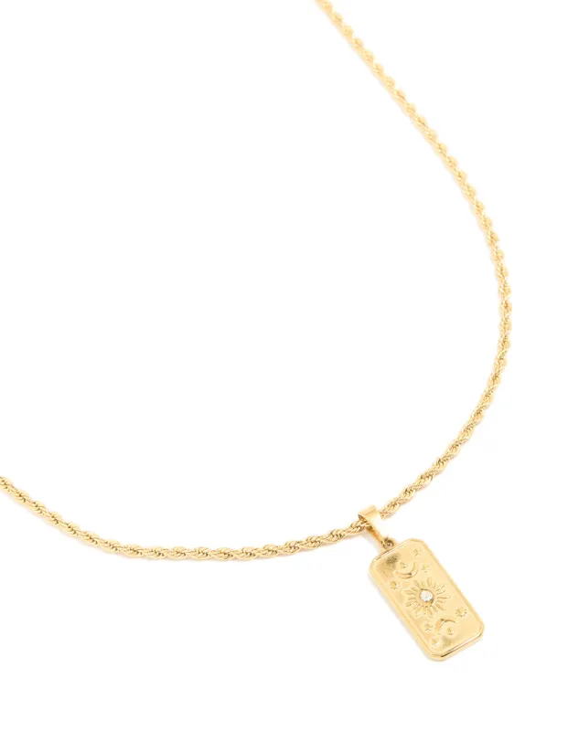 Waterproof Gold Plated Stainless Steel Cubic Zirconia Celestial Etched Tab Necklace sold by lovisa