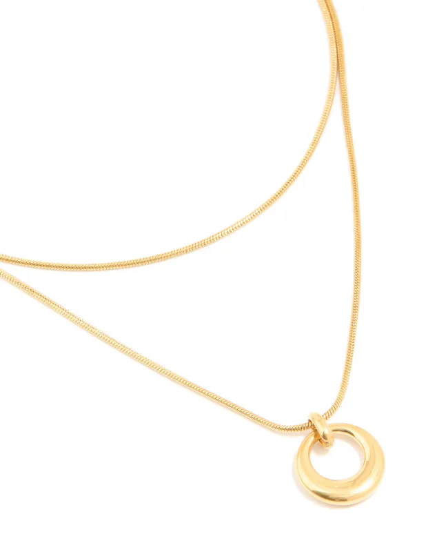Waterproof Gold Plated Stainless Steel Snake Chain & Open Circle Pendant Layered Necklace sold by lovisa