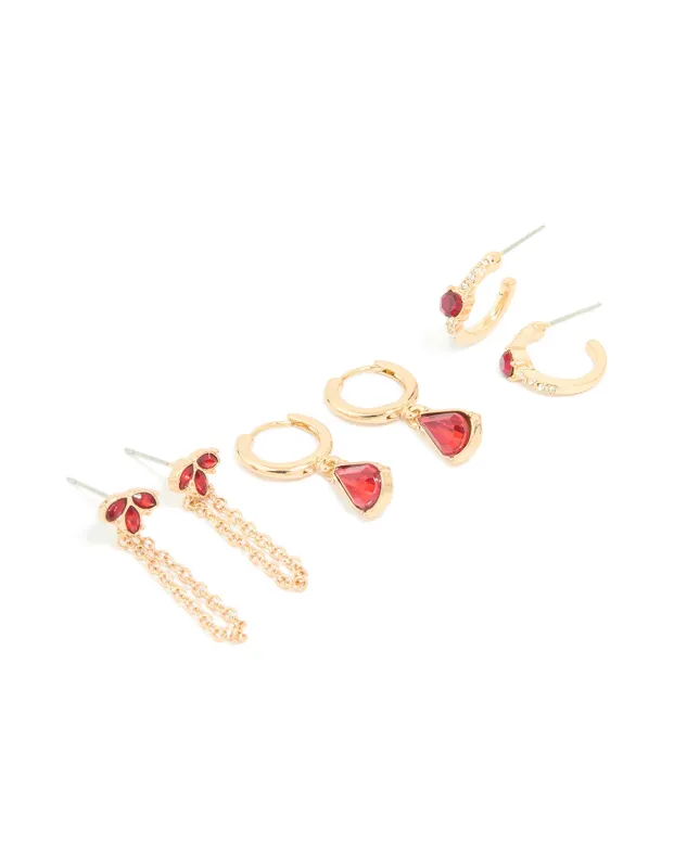 Gold Red Diamante Chain & Huggie Earrings 3-Pack sold by lovisa