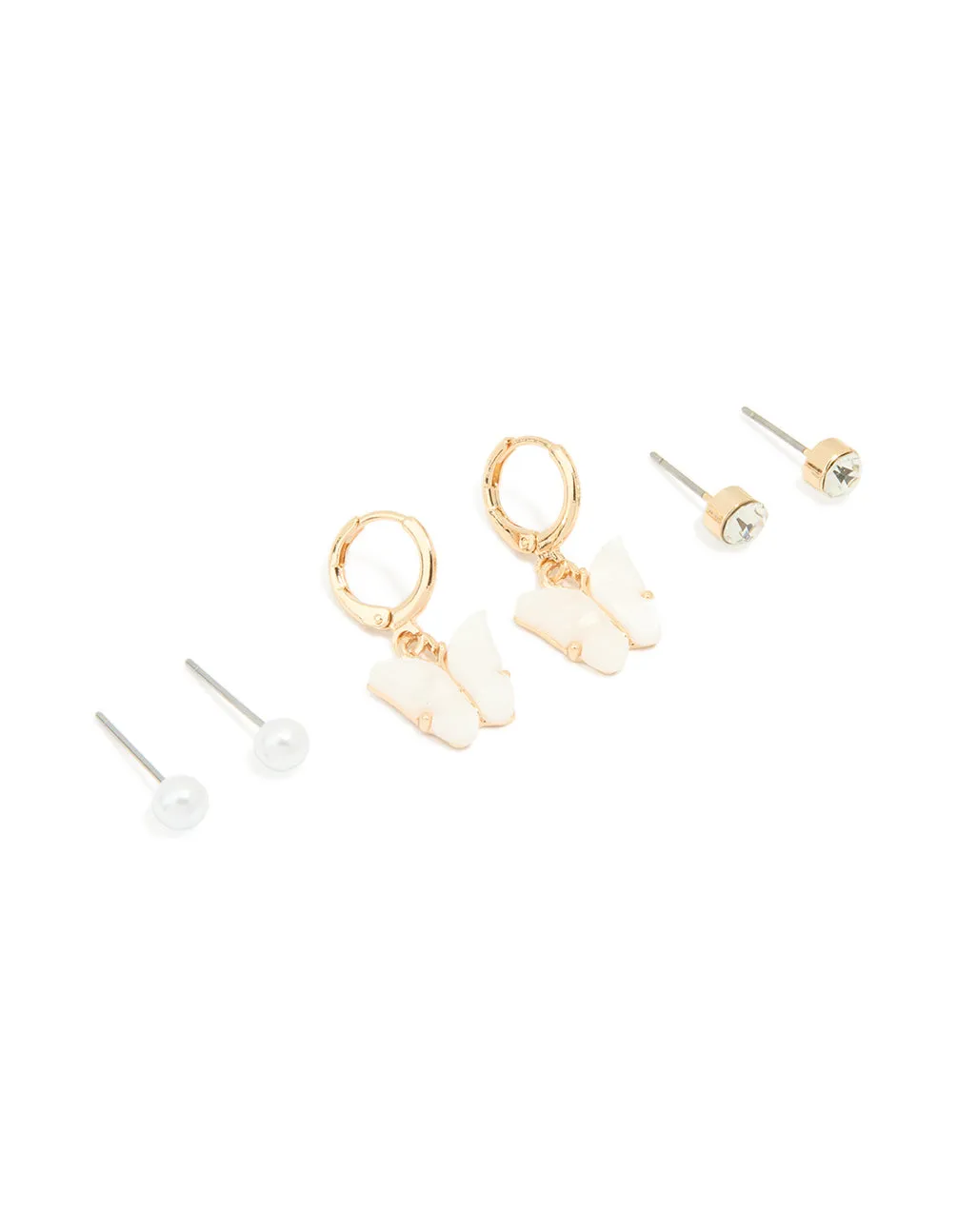Gold Pearl Stud & Butterfly Huggie Earrings 3-Pack sold by lovisa