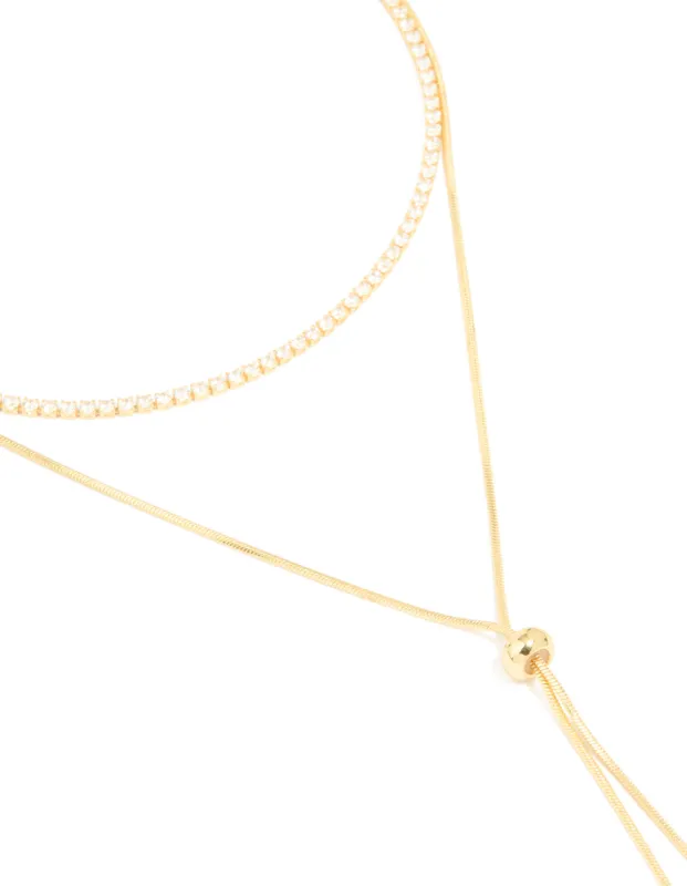 Gold Plated Cubic Zirconia Cup Chain & Snake Chain Y-Layered Necklace sold by lovisa