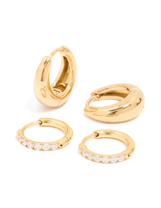 Waterproof Gold Plated Stainless Steel Cubic Zirconia & Chubby huggie Earrings Set sold by lovisa