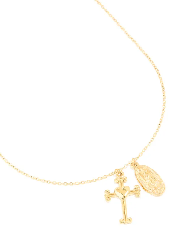 Waterproof Gold Plated Stainless Steel Cross & Mary Pendant Necklace sold by lovisa
