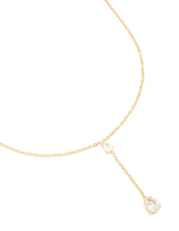 Waterproof Gold Plated Stainless Steel Cubic Zirconia Teardrop Y-Necklace sold by lovisa