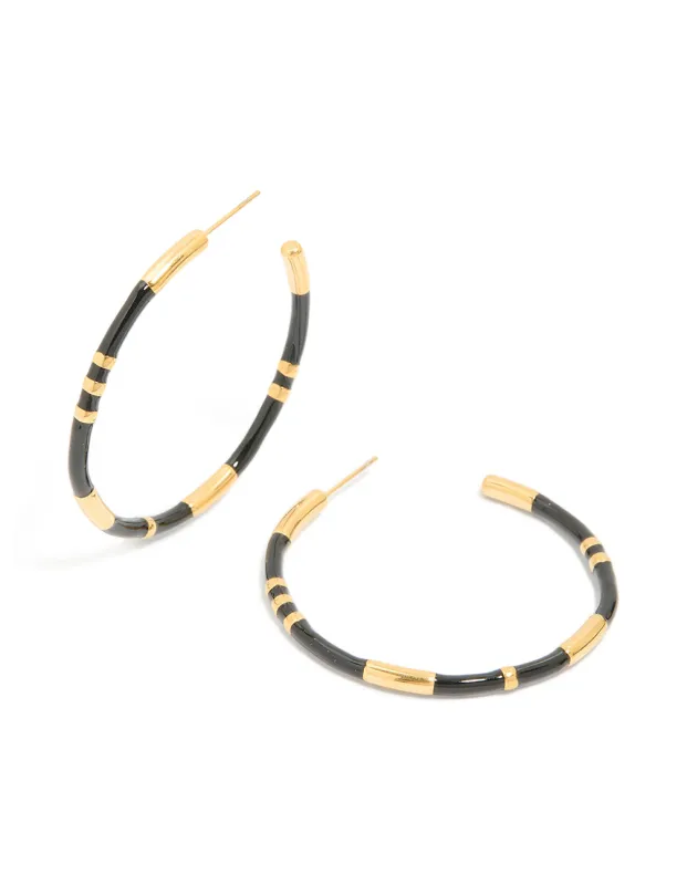 Waterproof Gold Plated Stainless Steel Black Enamel Striped Hoop Earrings sold by lovisa