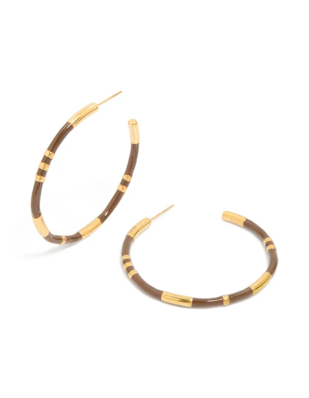 Waterproof Gold Plated Stainless Steel Brown Enamel Hoop Earrings sold by lovisa