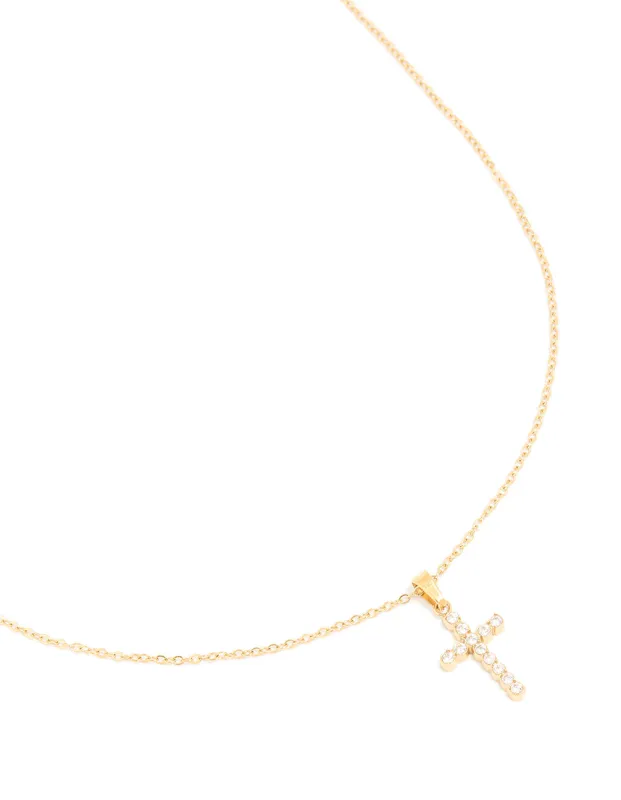 Waterproof Gold Plated Stainless Steel Cubic Zirconia Fine Cross Necklace sold by lovisa
