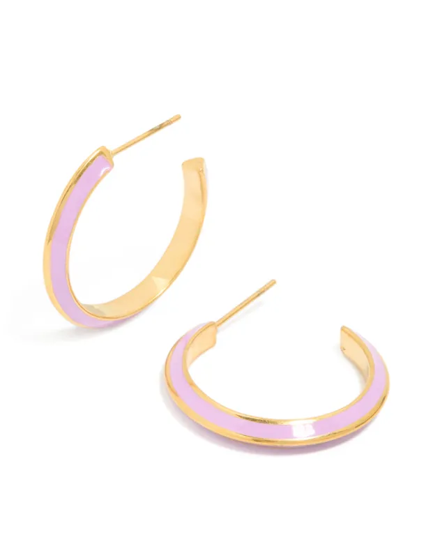 Waterproof Gold Plated Stainless Steel Lilac Enamel Hoop Earrings sold by lovisa