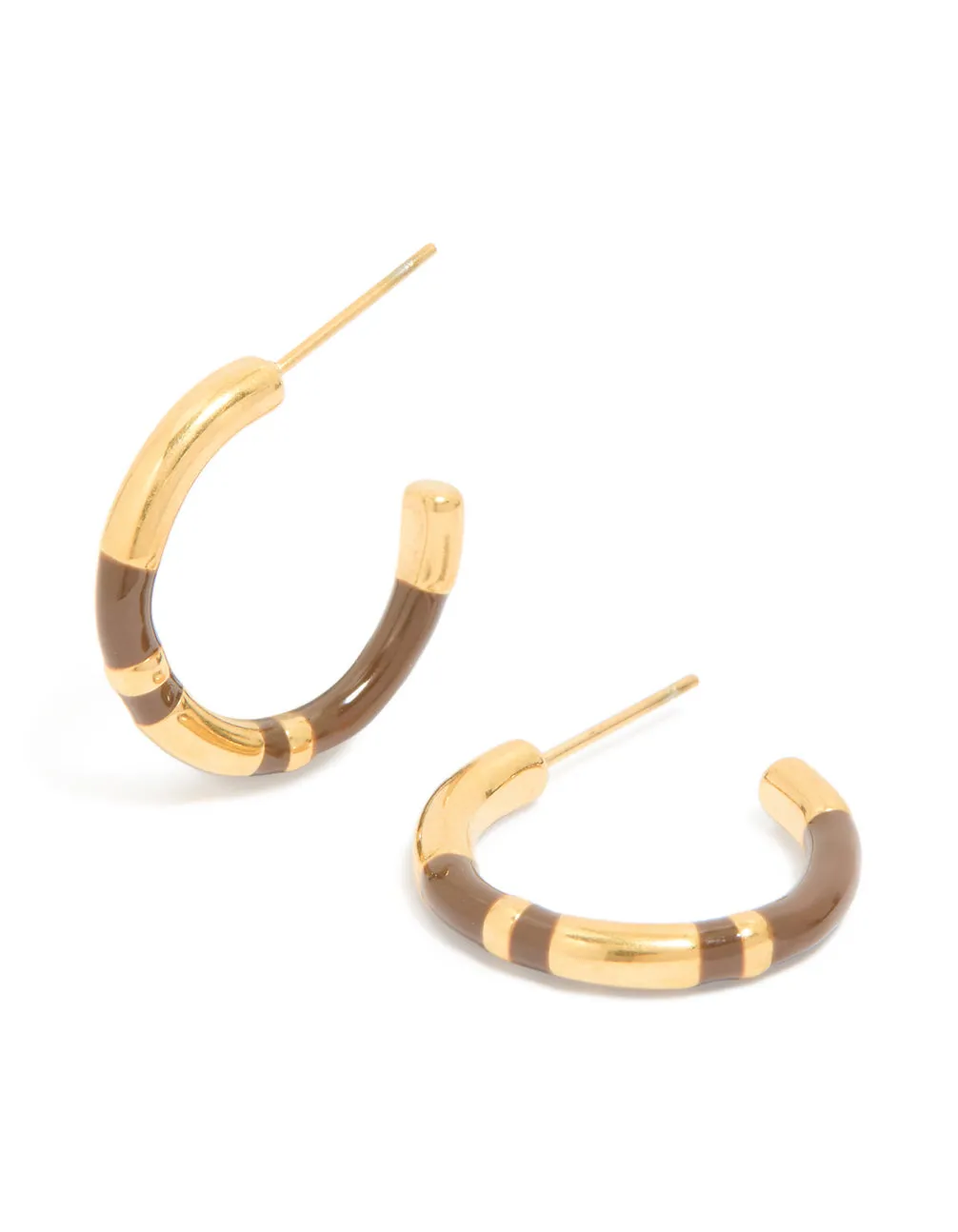 Waterproof Gold Plated Stainless Steel Small Brown Enamel Stripe Hoop Earrings sold by lovisa