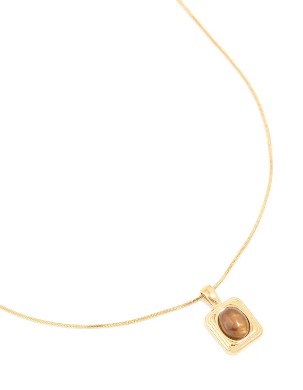 Waterproof Gold Plated Stainless Steel Tigers Eye Semi Precious Stone Disc Necklace sold by lovisa