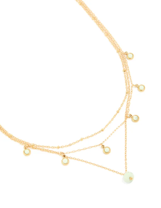 Waterproof Gold Plated Stainless Steel Green Jade Semi Precious Stone Pendant & Chain Layered Necklace sold by lovisa