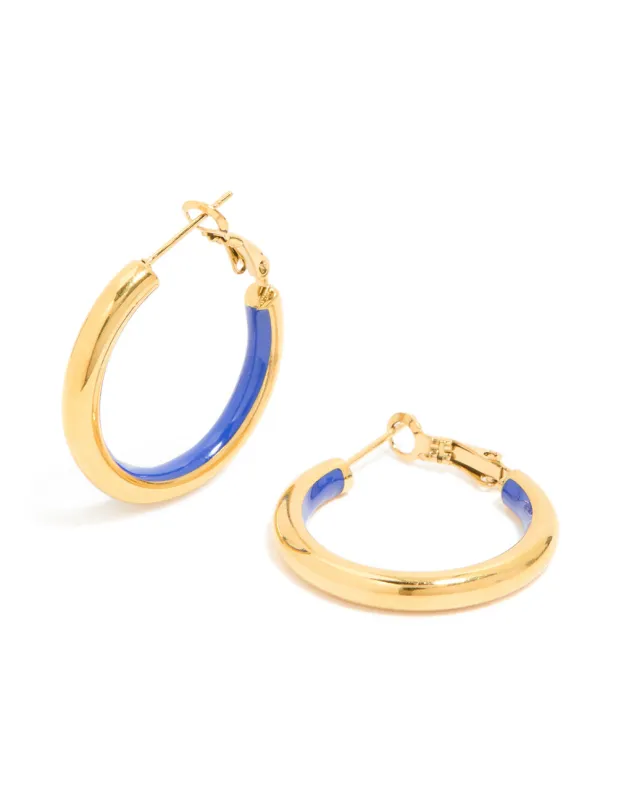 Waterproof Gold Plated Stainless Steel Half Dark Blue Enamel Hoop Earrings sold by lovisa