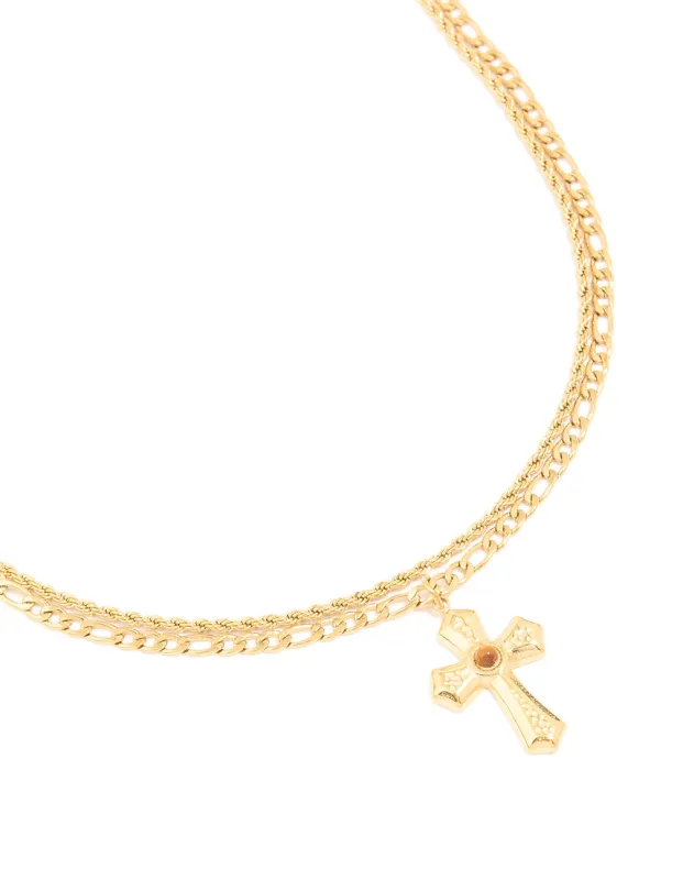 Waterproof Gold Plated Stainless Steel Tigers Eye Semi Precious Stone Cross Chain Layered Necklace sold by lovisa